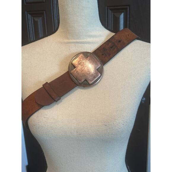 None Other - Round Heavy Brass Cross Buckle with Brown Leather Belt